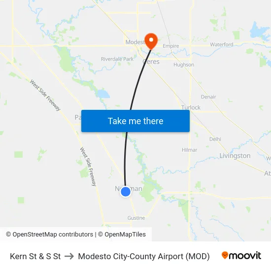 Kern St & S St to Modesto City-County Airport (MOD) map