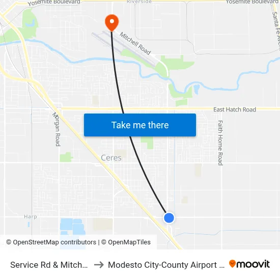 Service Rd & Mitchell Rd to Modesto City-County Airport (MOD) map