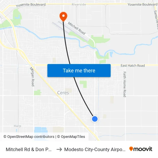 Mitchell Rd & Don Pedro Rd to Modesto City-County Airport (MOD) map