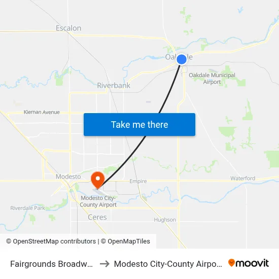 Fairgrounds Broadway Gate to Modesto City-County Airport (MOD) map
