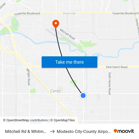 Mitchell Rd & Whitmore Ave to Modesto City-County Airport (MOD) map