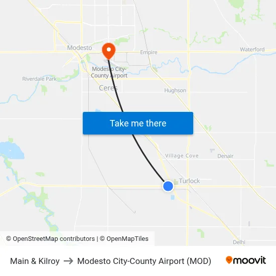 Main & Kilroy to Modesto City-County Airport (MOD) map