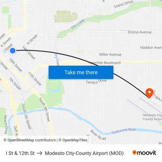 I St & 12th St to Modesto City-County Airport (MOD) map
