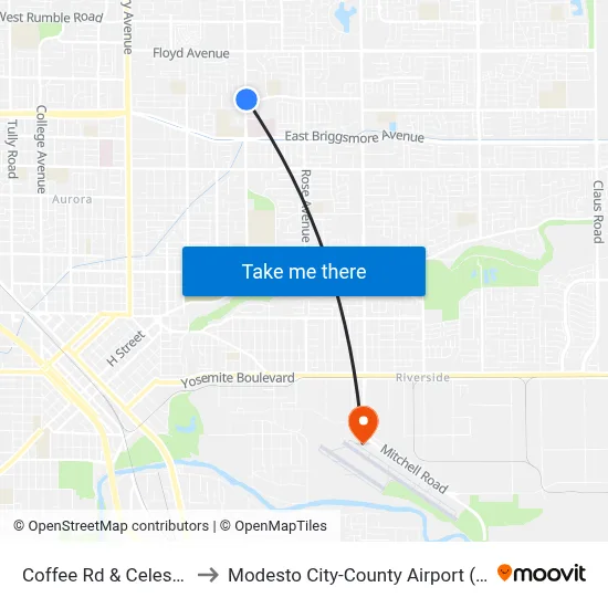 Coffee Rd & Celeste Dr to Modesto City-County Airport (MOD) map