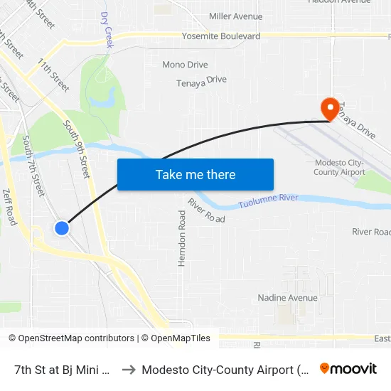 7th St at Bj Mini Mart to Modesto City-County Airport (MOD) map