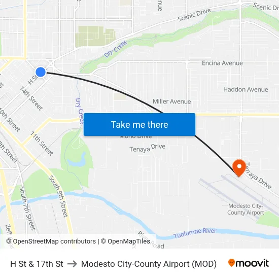 H St & 17th St to Modesto City-County Airport (MOD) map