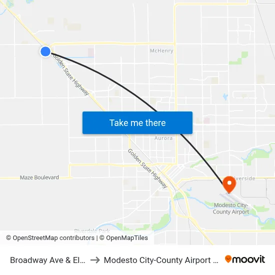 Broadway Ave & Elm St to Modesto City-County Airport (MOD) map