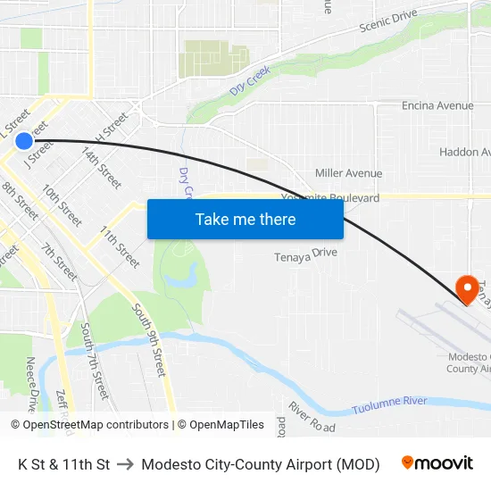 K St & 11th St to Modesto City-County Airport (MOD) map