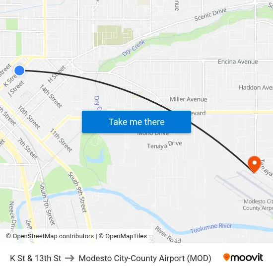 K St & 13th St to Modesto City-County Airport (MOD) map