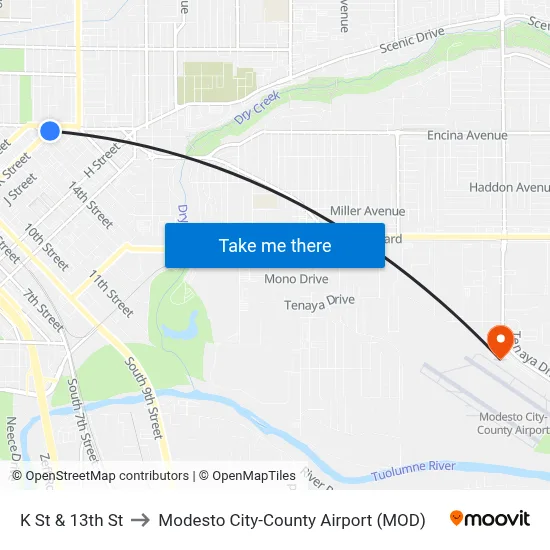 K St & 13th St to Modesto City-County Airport (MOD) map