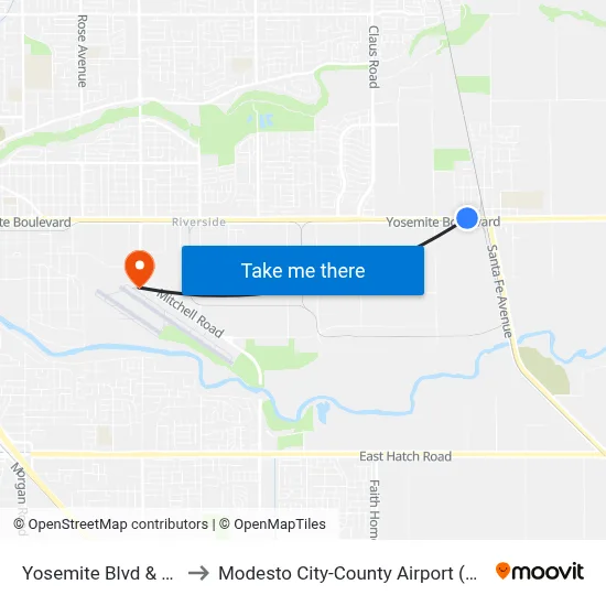 Yosemite Blvd & B St to Modesto City-County Airport (MOD) map