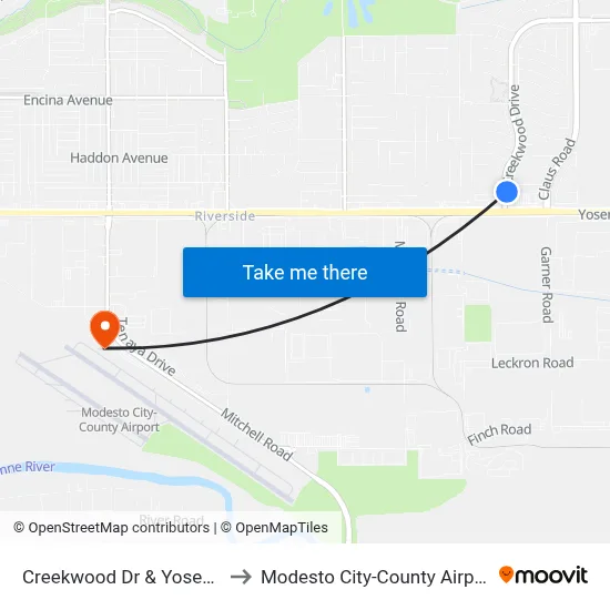Creekwood Dr & Yosemite Blvd to Modesto City-County Airport (MOD) map