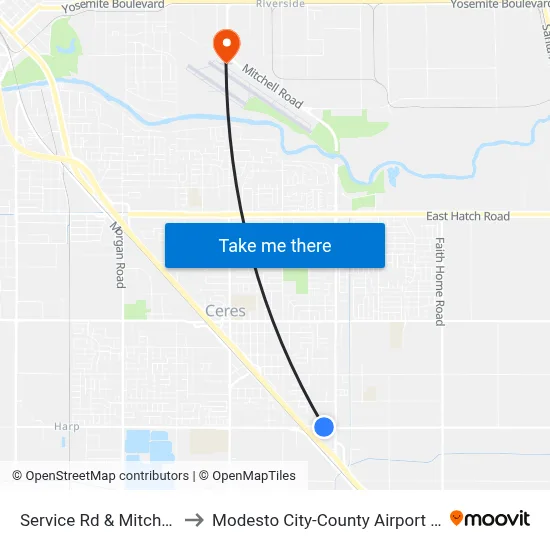 Service Rd & Mitchell Rd to Modesto City-County Airport (MOD) map