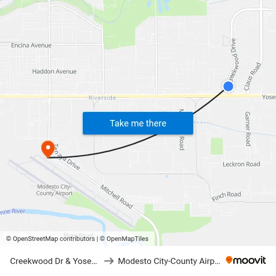 Creekwood Dr & Yosemite Blvd to Modesto City-County Airport (MOD) map