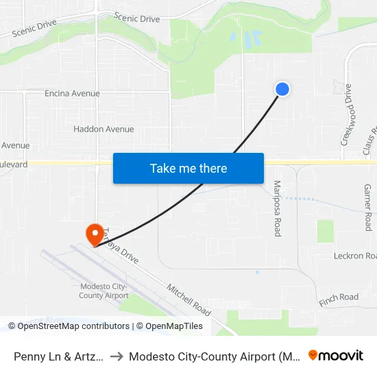 Penny Ln & Artz Ct to Modesto City-County Airport (MOD) map
