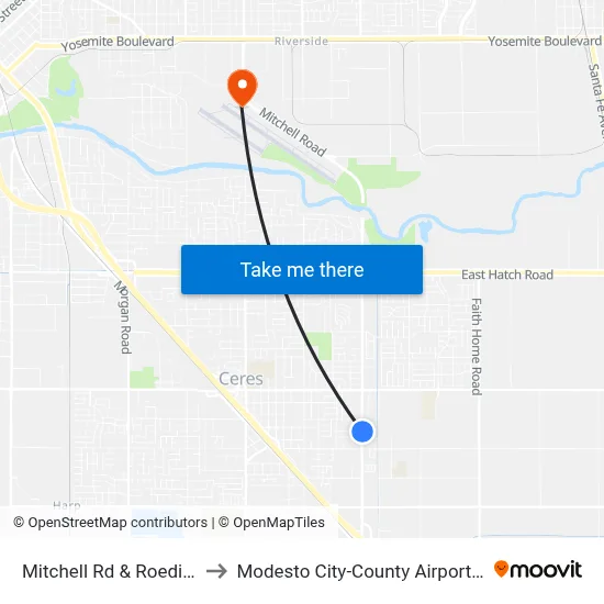 Mitchell Rd & Roeding Rd to Modesto City-County Airport (MOD) map