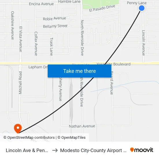 Lincoln Ave & Penny Ln to Modesto City-County Airport (MOD) map