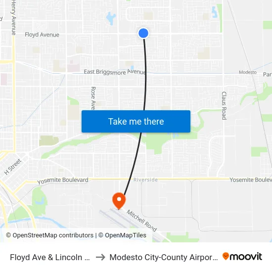 Floyd Ave & Lincoln Oak Dr to Modesto City-County Airport (MOD) map