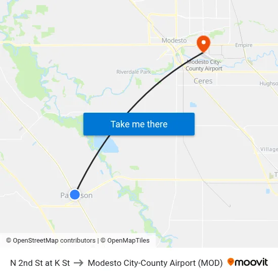 N 2nd St at K St to Modesto City-County Airport (MOD) map