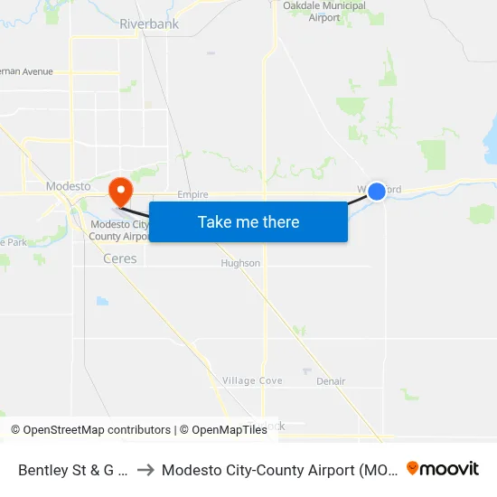 Bentley St & G St to Modesto City-County Airport (MOD) map