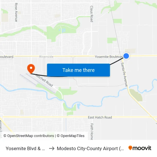 Yosemite Blvd & H St to Modesto City-County Airport (MOD) map