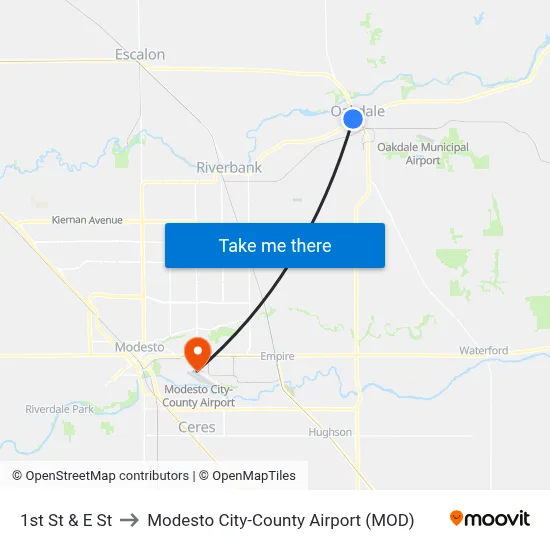 1st St & E St to Modesto City-County Airport (MOD) map