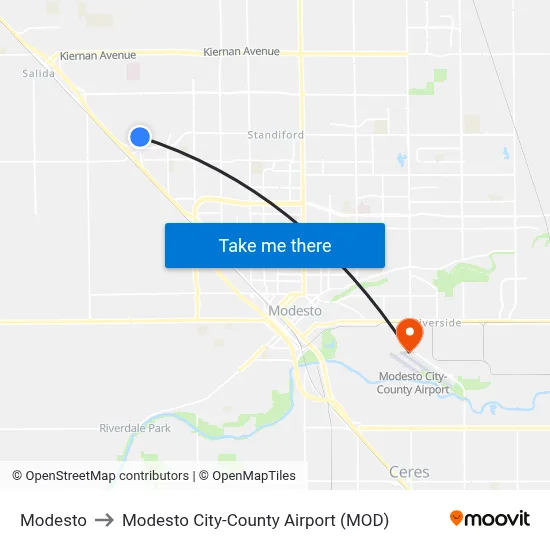 Modesto to Modesto City-County Airport (MOD) map