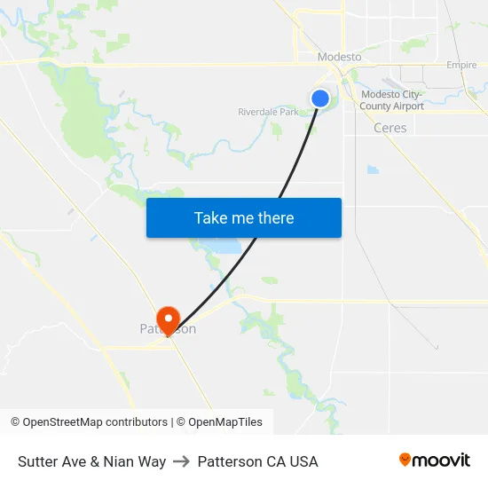 Sutter Ave & Nian Way to Patterson CA USA map