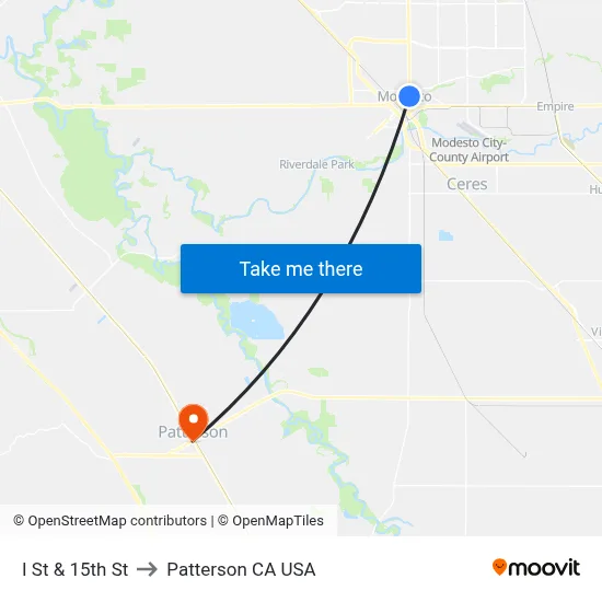 I St & 15th St to Patterson CA USA map