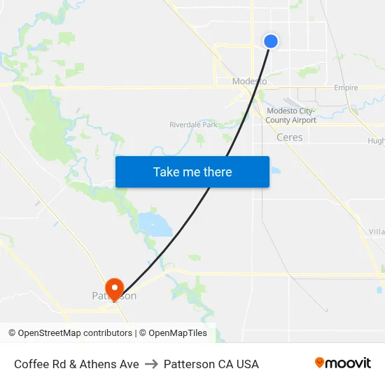 Coffee Rd & Athens Ave to Patterson CA USA map