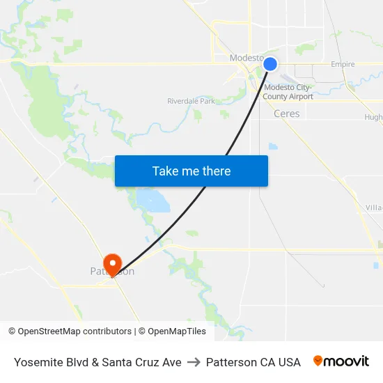 Yosemite Blvd & Santa Cruz Ave to Patterson CA USA map