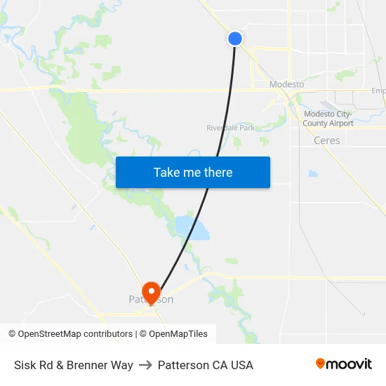 Sisk Rd & Brenner Way to Patterson CA USA map