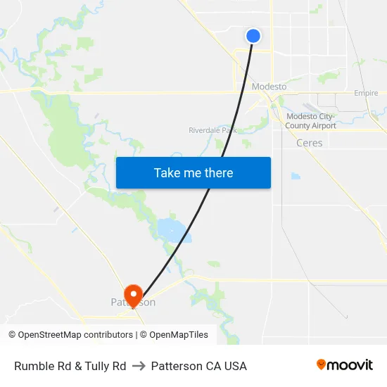 Rumble Rd & Tully Rd to Patterson CA USA map