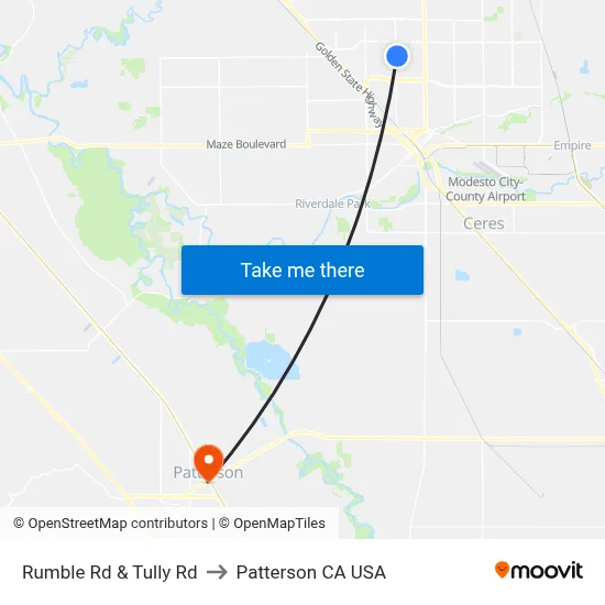 Rumble Rd & Tully Rd to Patterson CA USA map