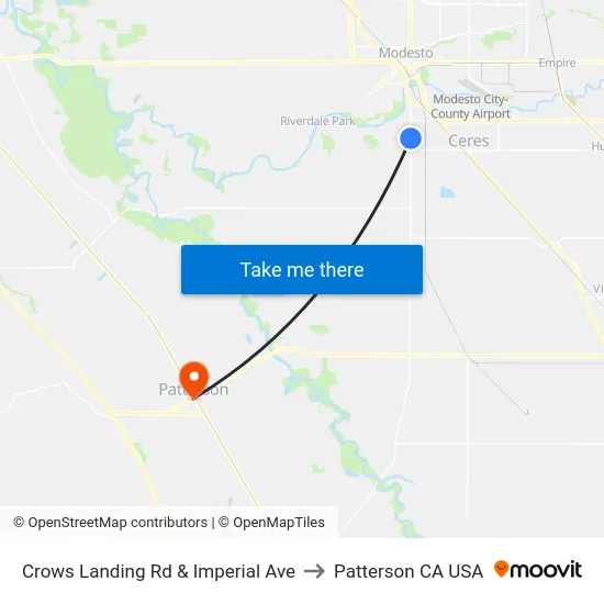 Crows Landing Rd & Imperial Ave to Patterson CA USA map