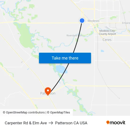 Carpenter Rd & Elm Ave to Patterson CA USA map