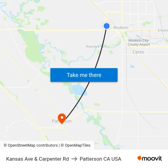 Kansas Ave & Carpenter Rd to Patterson CA USA map