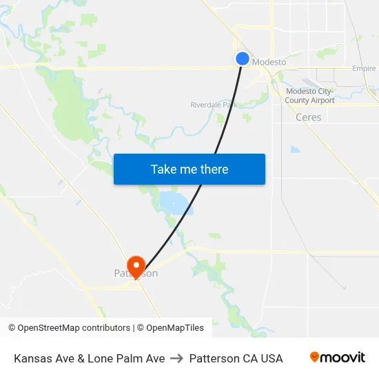 Kansas Ave & Lone Palm Ave to Patterson CA USA map