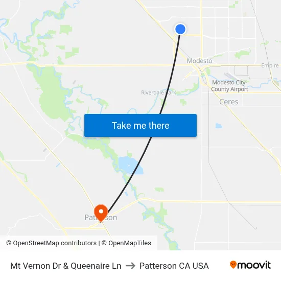Mt Vernon Dr & Queenaire Ln to Patterson CA USA map