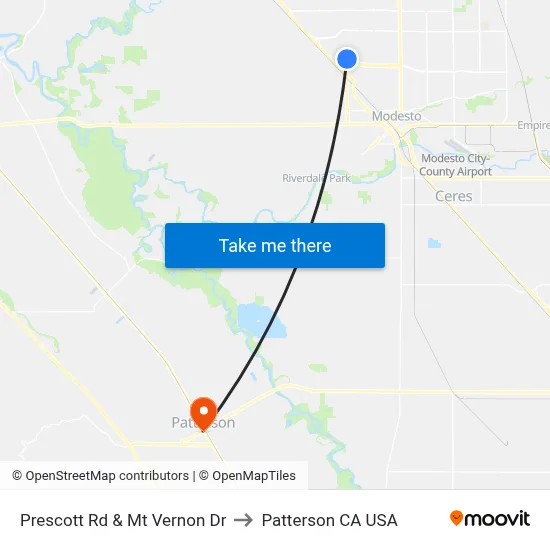 Prescott Rd & Mt Vernon Dr to Patterson CA USA map