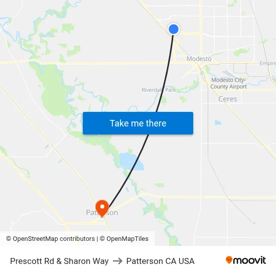Prescott Rd & Sharon Way to Patterson CA USA map