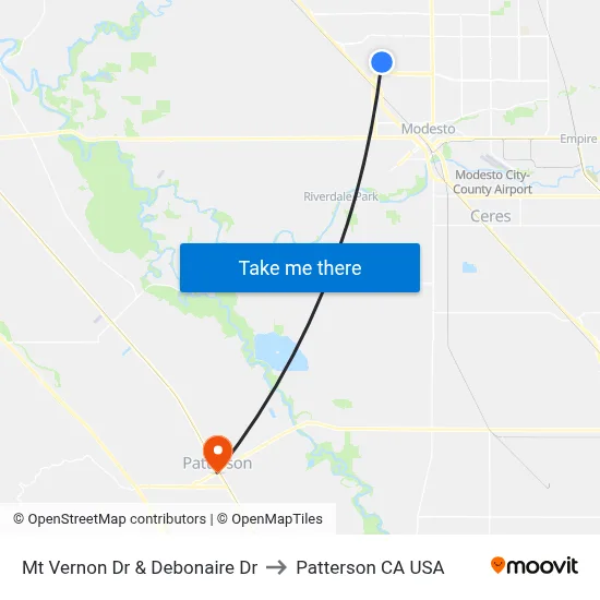 Mt Vernon Dr & Debonaire Dr to Patterson CA USA map