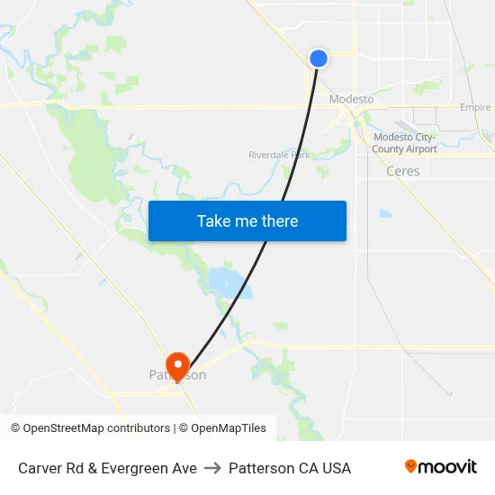 Carver Rd & Evergreen Ave to Patterson CA USA map
