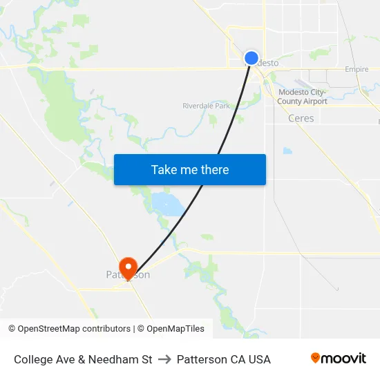 College Ave & Needham St to Patterson CA USA map