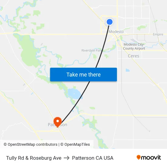 Tully Rd & Roseburg Ave to Patterson CA USA map