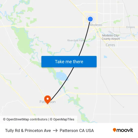 Tully Rd & Princeton Ave to Patterson CA USA map