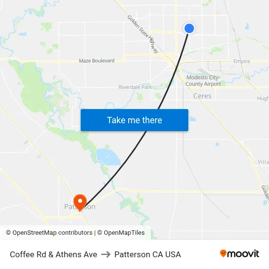 Coffee Rd & Athens Ave to Patterson CA USA map