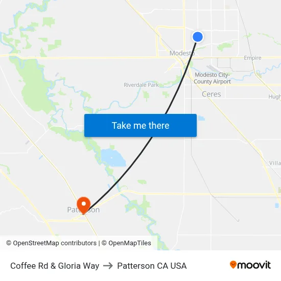 Coffee Rd & Gloria Way to Patterson CA USA map
