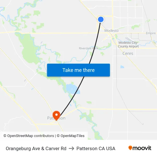 Orangeburg Ave & Carver Rd to Patterson CA USA map
