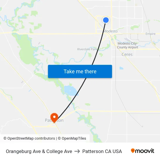 Orangeburg Ave & College Ave to Patterson CA USA map